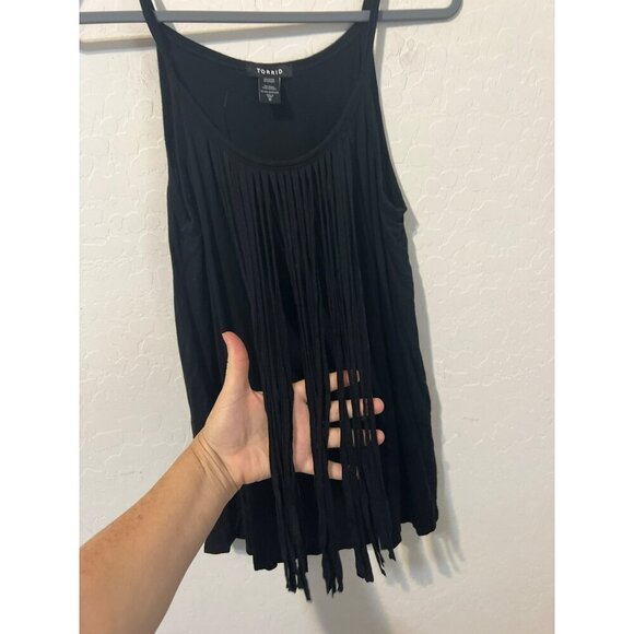Torrid Sz 0 (US 12 L) Black Long Fringe Tank Top Spaghetti Straps - Picture 4 of 7